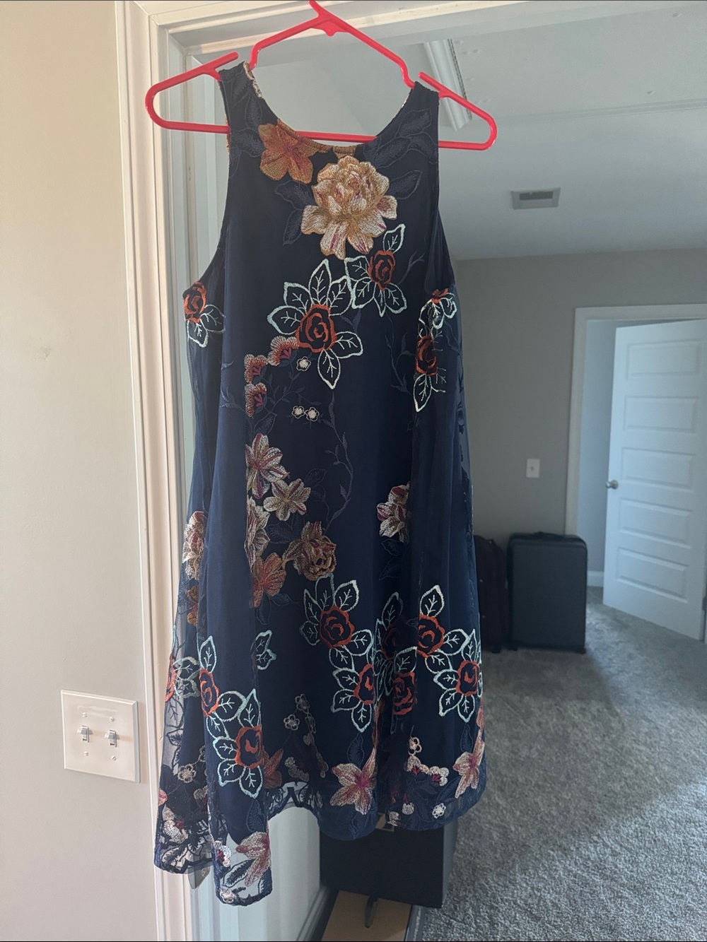 Beige by eci Navy Floral Embroidered Swing Dress